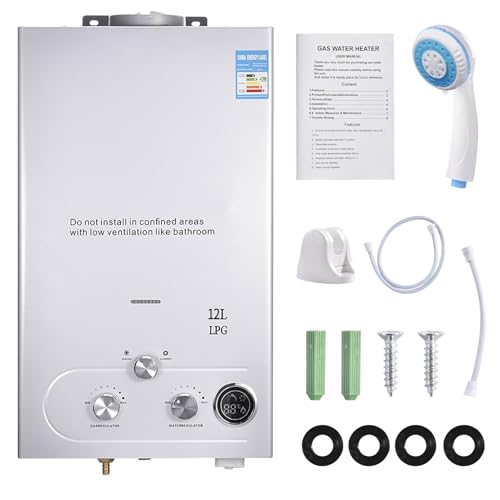 Calentador de agua de gas 12LPM, calentador de agua instantáneo de gas propano de 24 kW con presión de agua de arranque súper baja de 0,2 bar, funciona con para el hogar, caravanas, cabinas, graneros