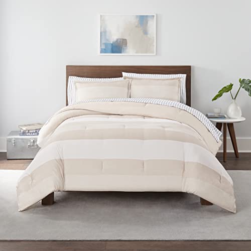 Serta Simply Clean Billy Soft 7 Piece Stripe Bed In A Bag Complete Bedding Comforter Set With Sheets And Pillow Cases For All Season, Queen, Natural #TOP19