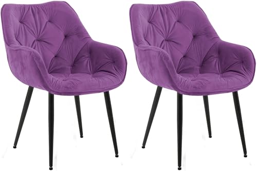 CLP Lot de 2 chaises Tanna Velours I Chaise de Salle à Manger avec accoudoirs I Chaise rembourrée matelassée, Couleur:Violet