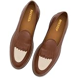HYESTEP Women Cognac Platform Loafers Tassel Round Closed Toe Slip On Oxford Loafers Beige Two-Tone Wingtip Low Chunky Heel Loafer Shoes Snakeskin Patchwork Fringe Office Work Fall Matte Brown Size 7