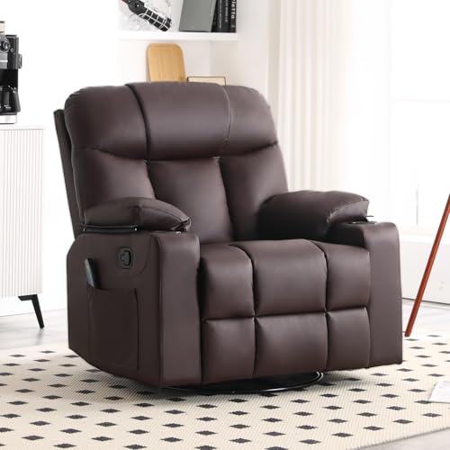 ANJ Manual Swivel Rocker Recliner Chair with Cup Holders for Adults Faux Leather Rocking Recliners with Side Pockets Overstuffed Heavy Duty Reclining Sofa Chairs for Living Room Brown