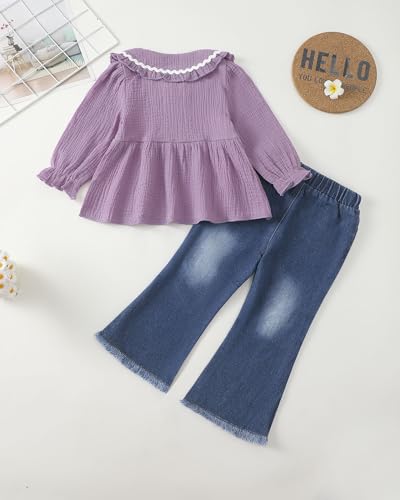 Renotemy Toddler Baby Girl Clothes Fall Winter Outfits, Long Sleeve Shirts Denim Jeans Flare Pants Set for Girls 12Months-5T4
