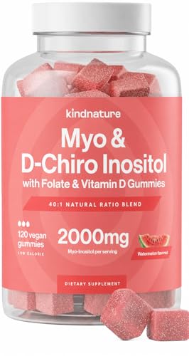 kindnature Myo-Inositol & D-Chiro Inositol Gummies for Women 2000mg + 50mg Ideal 40:1 Ratio with Vitamin D & Folate Hormone Balance & Fertility Support Vegan Watermelon Flavor (120 Gummies)
