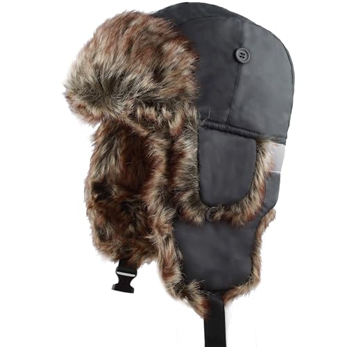 Image of Faux Fur Safety Reflective Aviator Trapper Hat Snow Ski Trooper Winter Cap