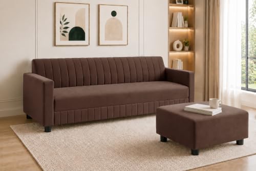 Image of Modern 3-Seater Velvet Sofa with Ottoman | Vertical Channel Tufted Backrest | Plush Cushioned Seating | Stylish Contemporary Sofa for Living Room, Bedroom & Office | Brown
