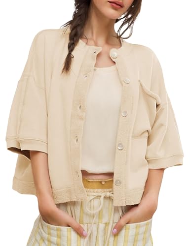 QIBABU Womens Button Down Cardigan Casual Open Front 3/4 Sleeve Crewneck Sweatshirt Tops