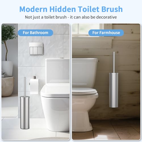 Image of Stainless Steel Toilet Brush and Holder Set Brushed Silver Heavy Duty Toilet Bowl Brush with Long Handle for Bathroom and Farmhouse (Silver-2)
