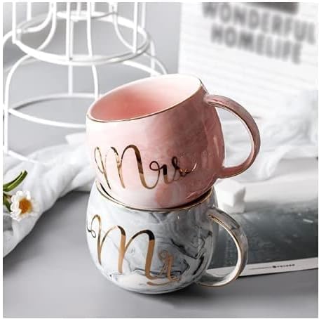 Marve Ceramic Mr and Mrs Coffee Mug Tea Cup with Handle Marble Coffee Cups Set, Coffee Cup and Milk Tea Cup, Gold Stamping Ceramic Mark Cup 350 ML Set of 2 Mugs