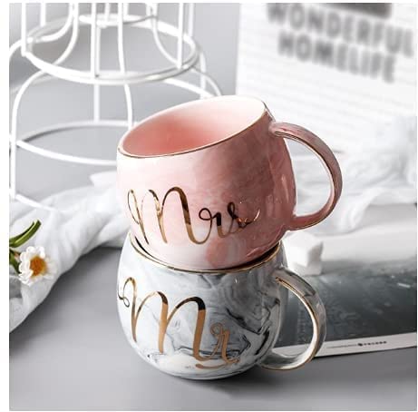 Marve Ceramic Mr and Mrs Coffee Mug Tea Cup with Handle Marble Coffee Cups Set, Coffee Cup and Milk Tea Cup, Gold Stamping Ceramic Mark Cup 350 ML Set of 2 Mugs