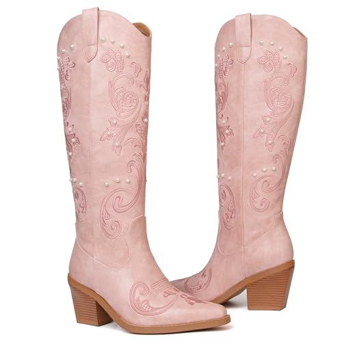 Image of Western Cowboy Boots for Women Knee High Cowgirl Boots with Classic Embroidered, Pointed Toe Chunky Heel Fashion Retro Classic Pull On Tall Boot Women Fall Winter
