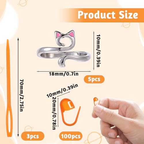 QfwdfcTrenz 5 Pcs Adjustable Cat Crochet Ring for Finger, 100 Pcs Stitch Markers, 3 Plastic Needles, Knitting & Crochet Supplies, Modern, Non-Foldable, Adult, Cartoon Cat Theme