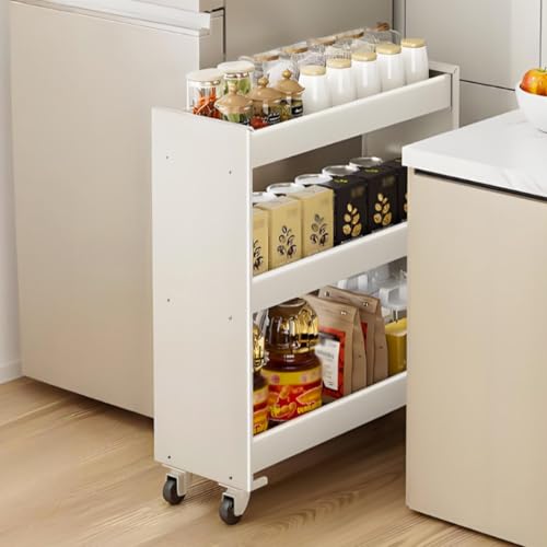 Carrito utilitario delgado de metal rodante de 3 niveles para cocina y baño, estante estrecho con ruedas, armario que ahorra espacio (blanco, 18.8 x 6.6 x 25.9 pulgadas)