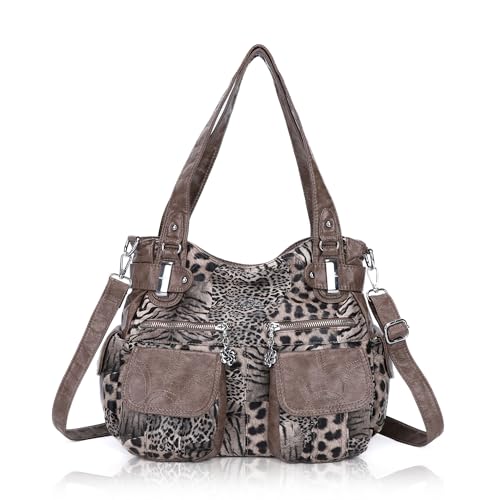 Image of Purses Women Handbags Large Double Zipper Multi Pocket Washed Shoulder Bags Purse with compartments Designer
