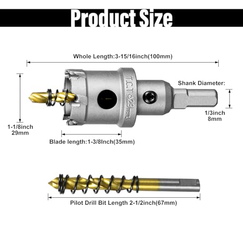 Image of SALI 1-1 /8 inch (29mm) TCT Hole Saw Kit Tungsten Carbide Tipped Hole Saw Drill Bit with Titanium-Plated Pilot Drill bit for Metal, Stainless Steel, Iron, Wood, Plastic 2pcs