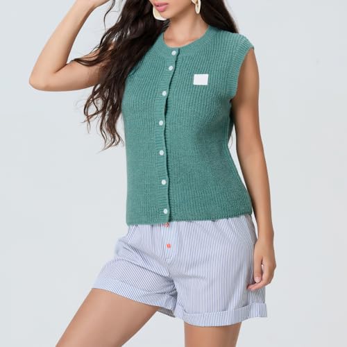 Image of Women Chunky Button Sweater Vest Sleeveless Round Neck Rib Knitted Tank Top Y2k Knitted Cardigan Vest Shirt