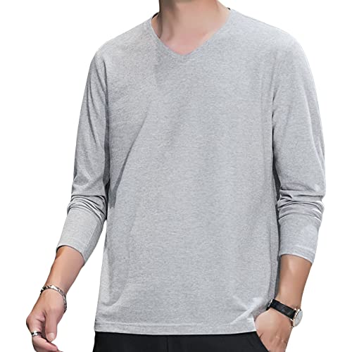 Men's Fashion Long Sleeve Shirts Soft Stretch V Neck Basic Cotton Tees Crew Neck Classic Casual Pullover T-Shirt (Medium,Grey 1)
