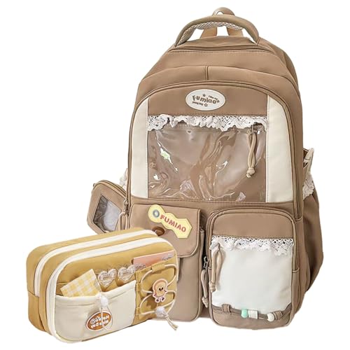 Kawaii Color Blocking Backpack with Case for Women Large Capacity Korean Travel Bag Y2K Ita Bag Sweet Dopamine (Khaki)