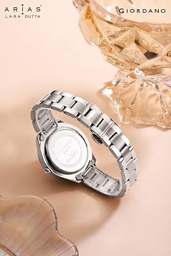 Image of Giordano Arias Lara Dutta Signature Collection Analog Quartz Watch for Women Round Sunray Dial Crystal Hour Markers, Date Display & Stainless Steel Strap