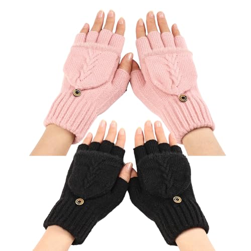 jenniehome 2 pares de guantes de invierno para mujer, guantes de punto, Negro , Talla única