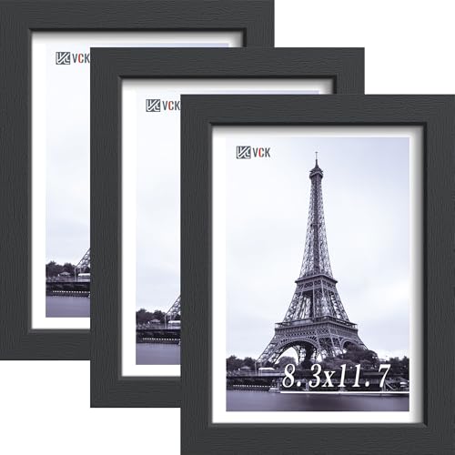 Image of VCK A4 Solid Wood Picture Frame - Black 8.3x11.7 Photo Frames with Wall Mounting Hanging Set of 3
