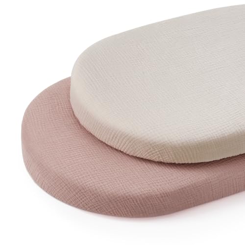 Image of Blissful Diary Muslin Bassinet Sheets for Baby Girls Boys, Boho Soft Cotton Fitted for Oval Hourglass Rectangle Mattress, 2 Pack(Cream&Pink)