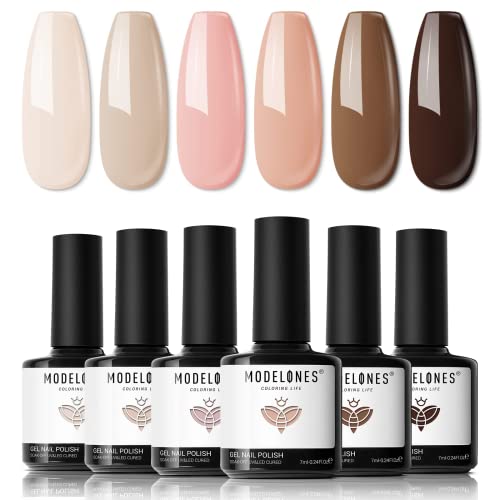 Modelones Gel Nagellack Set, 6 Nude Braun Neutral Farben Shellac UV Gel Nail Polish Sets Soak Off Nageldesign Nagel Gellack mit Geschenkbox für Frühling Valentinstag Cover