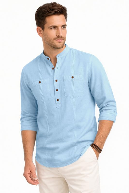 Image of ROYALSCOUT Men's Cotton Polyester Blend Kurta Style Shirt with Mandarin Collar, Half Button Placket, Dual Chest Pockets, Long Sleeve Casual Ethnic Fusion Wear for Office, Festive and Daily Use