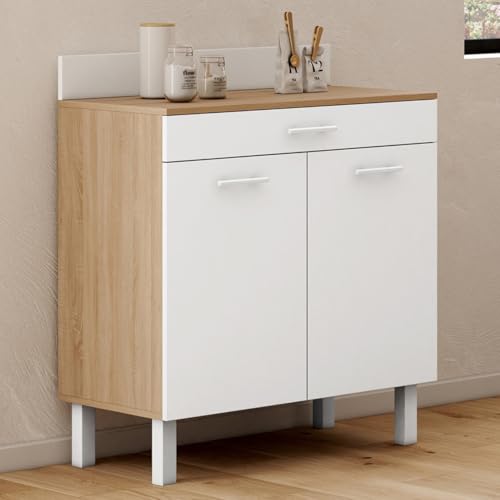 IDMarket - Buffet Bas de Cuisine 80 cm CINA Plan de Travail H.83 cm 2 Portes + tiroir façon hêtre et Blanc