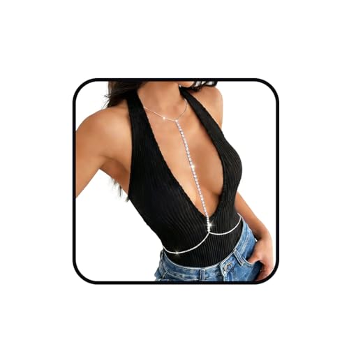 Bounzhi Sexy Rhinestone Body Chain Bikini Waist Body Chains Crossover Bra Crystal Body Jewelry Bikini Beach Body Necklace for Women (Rhinestone-Silver)