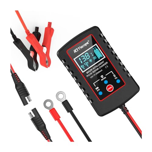 zipelo Car Battery Charger, 6V 12V Automatic Smart Trickle Battery Charger, Intelligent Pulse Repair Charger with ASE Adapter Cable, Battery Desulfator for Motorcycle Lawn Mower Marine