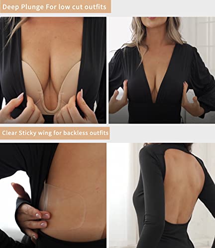 Miss Body Women’s Backless Plunge Bra Strapless Sticky Push Up Adhesive Invisible Bras Beige #TOP2