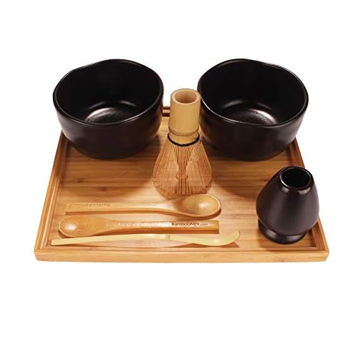 BambooMN Brand - Matcha Bowl Set (Includes 2 Bowls, Tea Whisk, Rest, Large Tray, 2 Teaspoons and Chasaku) - 1 Set - Black