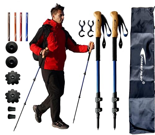 FOREST PILOT Aluminum Trekking Poles Beech Wood Grip 2pcs Packed Blue