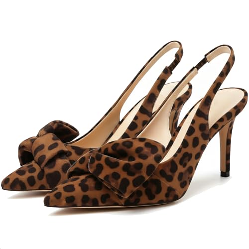Image of Women's Slingback Heels with Bow Pointed Toe Pumps with Elasticated Strap 3.3 inch High Heels for Evening Dress Shoes