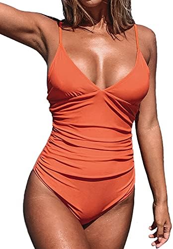 CUPSHE Women's V Neck Shirring Swimsuit,Orange, M