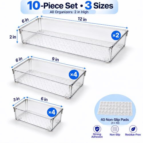 CHOWAY 10 Pack Large Clear Drawer Organizer Trays, 3 Sizes, Non-Slip - image 2