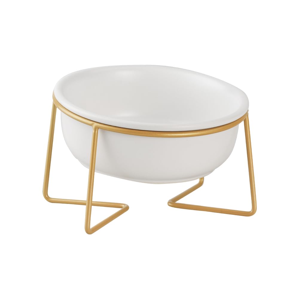 Comedero Gato Ceramica Elevado Inclinado - Cuenco Gato Antivomito con Soporte de Metal - Bebedero y Comedero Perro Pequeño - Plato para Cachorro - Bol Comida y Agua para Cachorros y Gatos - 480 ml