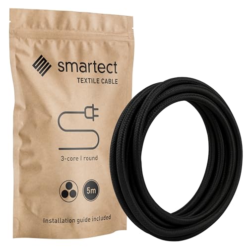 smartect Cable Textil en Color Negro, Cable Electrico 3 Hilos de 5 Metros (3 x 0,75 mm²) Cuerda para Lampara con Revestimiento Textil para su Proyecto DIY