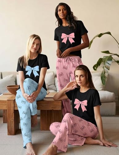 Image of Ekouaer 2 Pack Pajamas for Women Set Short Sleeve Sleepwear Top and Pants Pjs Soft Printed Lounge Sets with Pockets