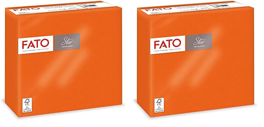 Fato - Serviettes en papier jetables, douceur et moelleux, paquet de 40 serviettes, format 38x38 pliées en 4, 2 plis, couleur orange, papier 100% pure...