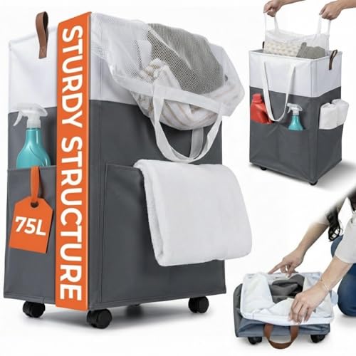 Laundry Basket with Wheels – Foldable, Space-Saving, Fabric Slim Laundry Hamper with Removable Bag and Side Pouches – Lightweight 75L Washing Basket for Clothes, Bedroom, Bathroom, Dorm