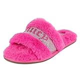 Juicy Couture Women's Plush Faux Fur Slippers – Cozy Open-Toe Slides with Rhinestone Embellished Strap, Soft Indoor/Outdoor House Shoes, Gravity -Pink-9