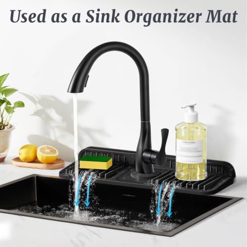 Image of PoYang 14.6 inch Faucet Mat for Kitchen Sink Splash Guard, 7 Slope Silicone Sink Water Splash Guard for Kitchen Sink Area with Snap Button, Small Sink Protectors for kitchen Sink Sponge Holder, Black