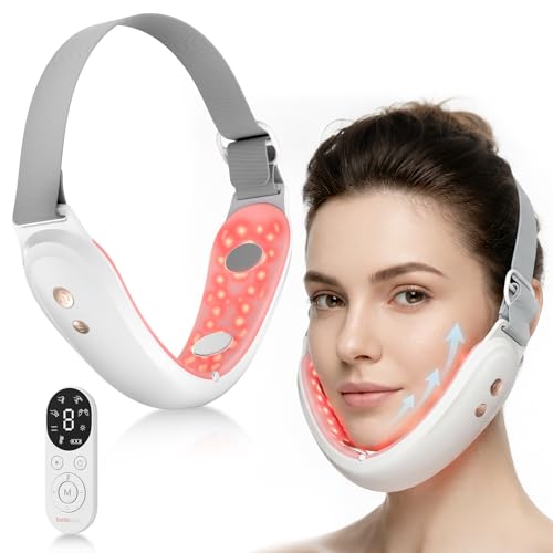 Belleskin V-Face Shaping Electric Massager Microcurrent Facial Lifting Device 42C Heating 9 Levels 4 Modes Red & Blue LED Light Therapy Double Chin Reducer with Remote Control for Women USB-C