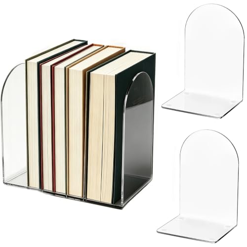 Image of Acrylic Book Ends 4 Pcs, Clear Bookends, Bookend Organizer for Shelves | Transparent Book Stoppers, Decorative Book Holder Stand for Heavy Books, CD, Book Shelves, File, Video Games