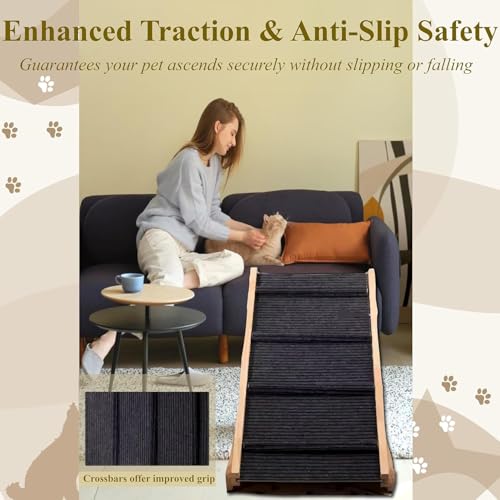 PAWBLISS Adjustable Dog Ramp for All Dogs | 6-Level (12.2"-25.5") Solid Wood Ramp | Non-Slip Carpet for Large & Small Dogs | Supports 200lbs | Portable Dog Ramp for Bed & Couch with Leather Handle - Image 4