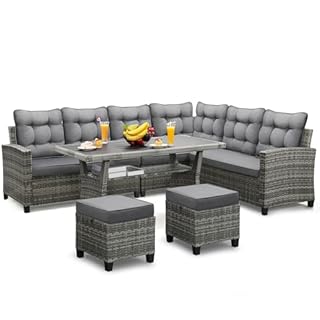 KROFEM 6-Piece Patio Furniture Set, Outdoor Sectional Sofa with Dining Table & Chairs, All-Weather Dining Set with Removable Cushion Covers, Ideal for Garden, Porch, Backyard, Grey