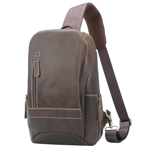 TIDING Leather Sling Bag for Men Women Vintage Crossbody Bag Casual Hiking Chest Daypack fits 11