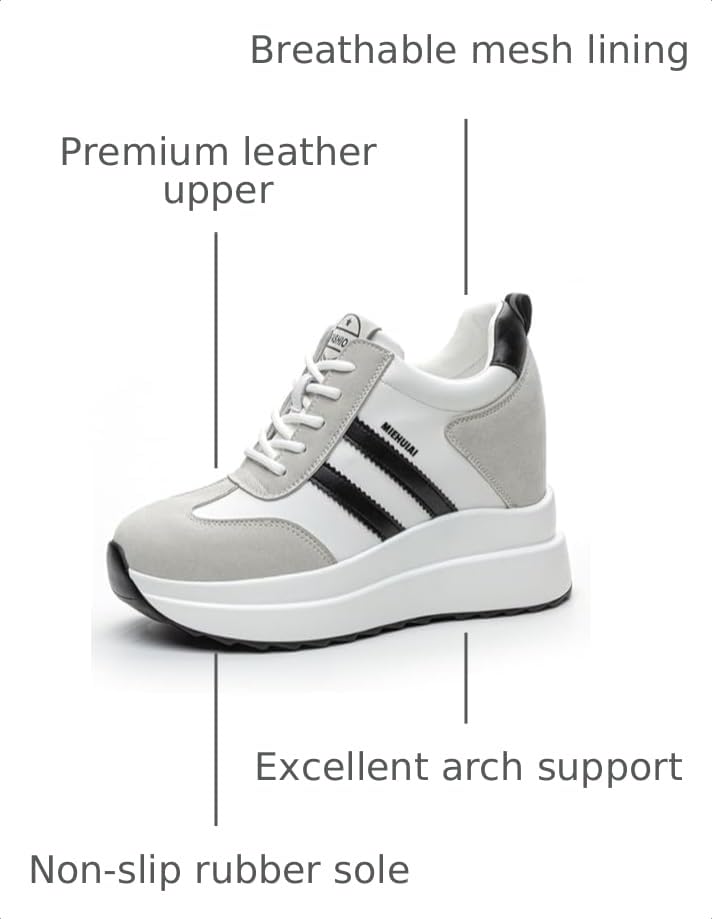 Image of Platform Sneakers for Women High Hidden Heel Wedge Sneakers Fashion Leather Chunky Lace up Wedge Tennis Shoes Increasing 3.94 inch