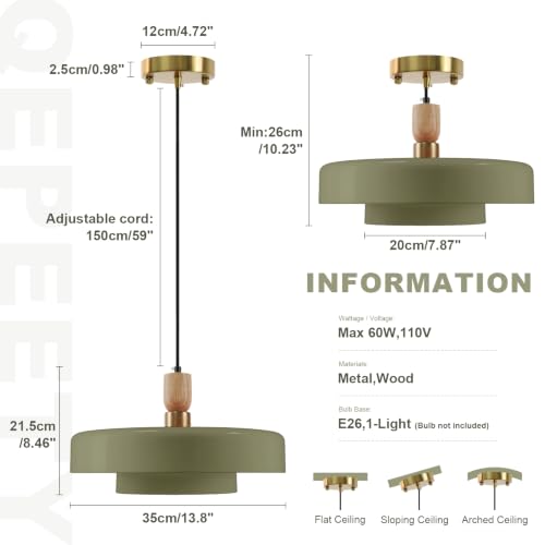 Image of Olive Green Industrial Pendant Light Mid Century Chandelier | Vintage 1-Light Hanging Fixture with Wood Accent 180cm Adjustable Cord E26 Base for Kitchen Island Bar Dining Room